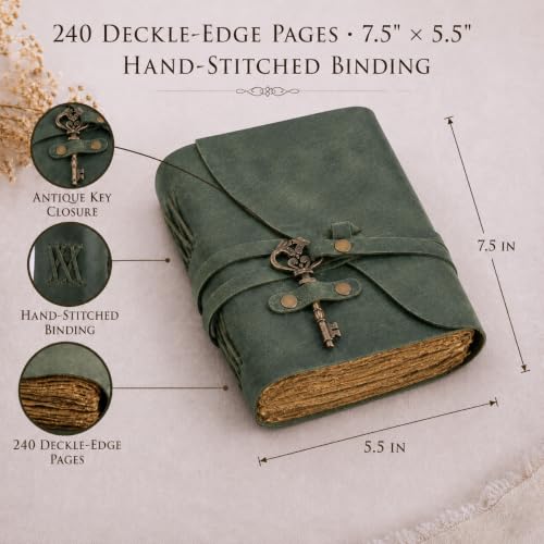 NomadCraftsCo Vintage Leather Journal, Handmade Deckle Edge Paper 240 Pages - color: Green, size: 7.5" x 5.5"