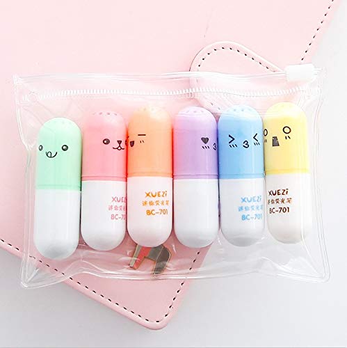 VANVENE 6 Pcs/Set Mini Pill Shaped Highlighter Pens for Writing Cute Face Graffiti Marker Pen Korean Stationery School Office Supplies