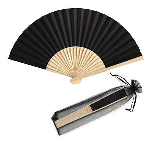 50pcs Paper Hand Fan with Organza Bags Bamboo Handheld Folding Fan DIY Decorative Wedding Party Favors (Black) - color: Black