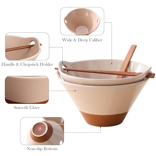 MALACASA 42 oz Ceramic Ramen Bowls with Chopsticks & Spoon, Pink & Khaki - color: Pink and Khaki