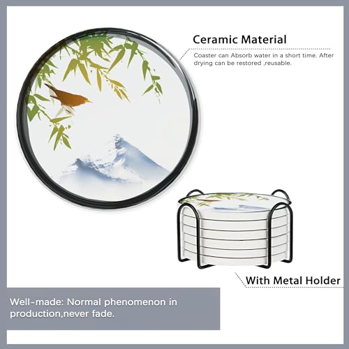 Drink Coasters Set of 6 with Holder,Japanese Cherry Blossom and Fujiyama Mountain Absorbent Ceramic Coasters with Cork Base,Fit All Cups,Tabletop Protection Mat for Mugs and Cups,Office,Kitchen - color: Japanese Cherry Blossom and Fujiyama Mountain