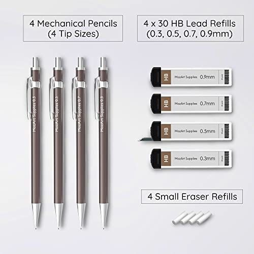 MozArt Mechanical Pencil Set 4 Sizes 0.3 0.5 0.7 0.9mm HB Lead Nickel - color: Metallic