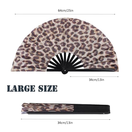 Large Folding Hand Fan for Men/Women, Rave Handheld Fan, Clack Summer Rave Handheld Fan for Disco Party, Beach, Dancing, Gift(Leopard) - color: Leopard