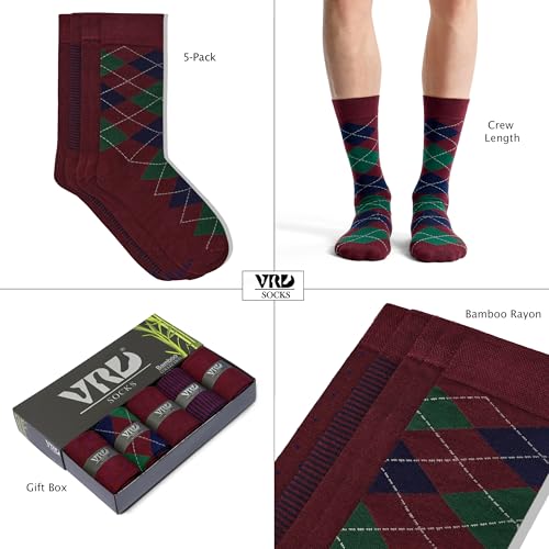 VRD Men's Dress Socks Bamboo Rayon, 5-Pack Crew Socks, Multiple Colors and Designs, Shoe Size 8-13, Gift Box - color: 09: Burgundy, 5-pack Mix (2 Solid, 1 Striped, 1 Dotted, 1 Argyle)