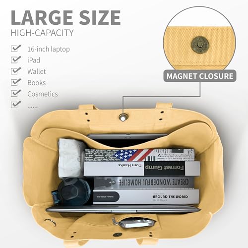 HOMESPON Large Canvas Tote Bag, Magnetic Work Laptop Pack for Women - color: Yellow