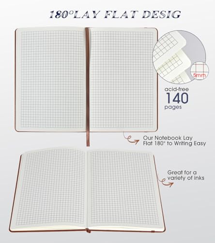 Biuwory A5 Hardcover Graph Paper Notebook, Grid Leather Journal for Writing - color: Brown, size: Squared-140 Pages (5.7"×8.3")