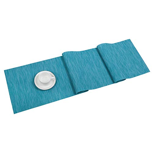SHACOS Woven Vinyl Table Runner Indoor Outdoor 12x71 inch Kitchen Dining Table Runners Wipe Clean Washable PVC Table Runner, Teal Blue - color: Teal Blue, size: Table Runner 12 x 71 inch
