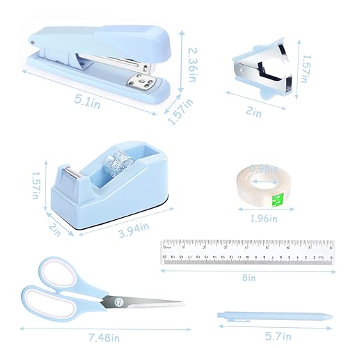 Dimonluce Blue Desk Accessories, Blue Office Supplies Accessories with Tape Dispenser, Stapler, Staple Remover, 1000 Staples, Tape, Clips Set, Ruler, Scissor, Pen - color: Blue