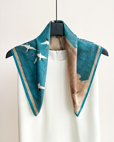 100% Mulberry Silk Scarf for Women Lightweight 21" Small Square Neck Scarf Headscarf Neckerchief Gift Packed - color: Blue Auspicious Cranes