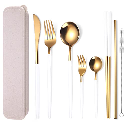 AARAINBOW 8 Pieces Stainless Steel Flatware Set Portable Reusable Cutlery Set Travel Utensils Set Including Chopsticks Knife Fork Spoon Straws Cleaning Brush Dishwasher Safe (White Golden) - color: White Golden