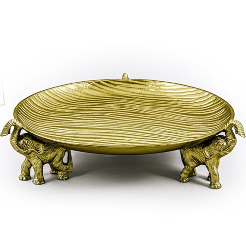 Antique Gold Tray with Elephant Stand - Round Coffee Table Centerpiece - color: Antique Gold