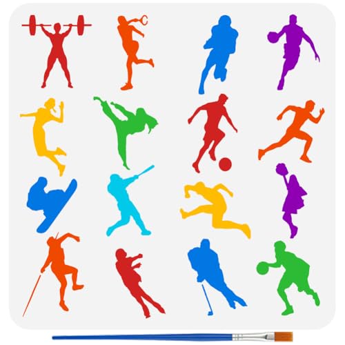 FINGERINSPIRE Athletes Silhouette Stencil for Painting with Brush 11.8x11.8inch Reusable Cheering Squad Template Hollowed Football Basketball Stencil Plastic PET Sports Theme Template for DIY Crafts - style: Athletes Silhouette