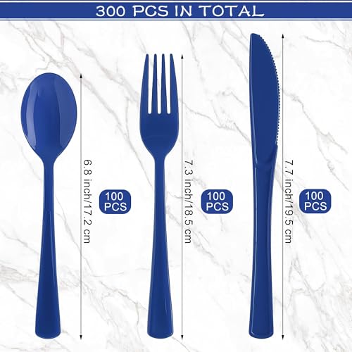 Kochorie 300 Pieces Dark Blue Plastic Silverware with Spoons Forks Knives - color: Dark Blue