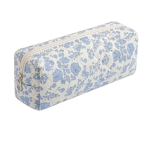 Cute Floral Cotton Makeup Brush Cosmetic Bag for Women, Travel Quilted Zipper Make Up Bag, Flowers Toiletry Organizer Case Kawaii Makeup Cosmetic Travel Cloth Pouch (Blue Floral) - color: 02 Blue Floral