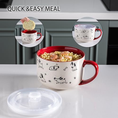 AmorArc 24 Ounces Ceramic Soup Mugs with Lids and Handle, Stoneware Bowls Cup Set of 2 for Soup, Stew, Noodle, Beautiful Mug Bowls With Lovely Dog,Cat Patterns, Microwave&Dishwasher Safe,Red - color: Red, size: 24oz
