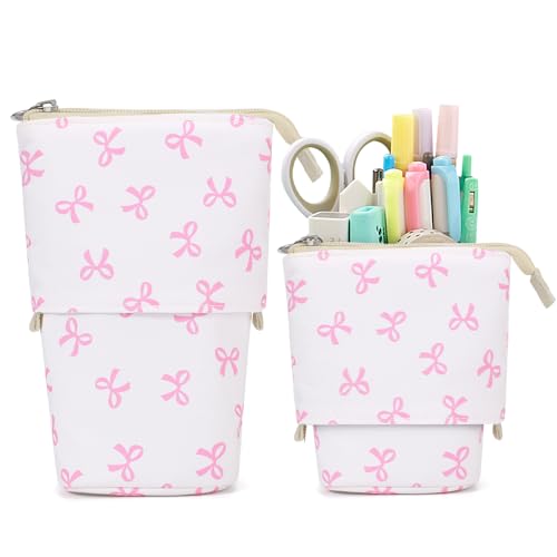 KPX Cute Standing Pencil Case Pen Holder for Kids, Pop Up Stand UP Bubble Tea Pen Organizer Kawaii Stationary for Christmas Holiday New Year Office (Bow) - color: Bow