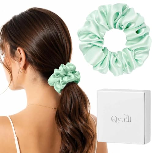 Silk Scrunchie 1.4" Medium Wide 6A 22 Momme 100% Mulberry Silk Hair Ties,Gentle on Hair No Damage No Crease for Women Girls Curly Thick Wavy Hair,Sample Fabric Provided (1, Light Green) - color: Light Green