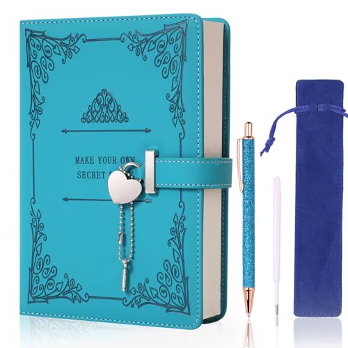 Heart-Shaped Lock diary with pen,A5 Size Soft PU Leather Locking Journal Personal Planner Writing Notebook Secret Notebook Gift for Adults,kids,Writers girls&women.(Lakeblue).