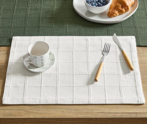 ZeeMart Linen Checked Farmhouse Placemats Set of 6, Bright White 13x19in - color: Bright White, size: Set of 6