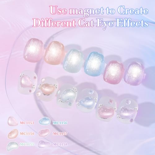 Double Rhythm Cat Eye Gel Nail Polish Set of 6 Same Color Same Bottle 0.5 Oz Shimmer Glitter with Magnet Holographic Reflective Magnetic UV Nail Polish Kit (Silver Nude Pink Blue Purple-T6-28) - color: Pale Silver Nude
