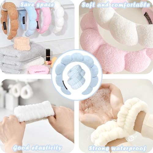 Spa Headbands for Washing Face Wristband Set Sponge Makeup Skincare Headband Wrist Towels Bubble Soft Terry Towel Cloth Hairband for Women Puffy Headwear Non Slip Thick Thin Hair Headwear (Blue) - color: Blue