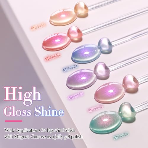 Double Rhythm Cat Eye Gel Nail Polish Set of 6 Same Color Same Bottle 0.5 Oz Shimmer Glitter with Magnet Holographic Reflective Magnetic UV Nail Polish Kit at Home (Mermaid Pink Rose-T6-31) - color: Glass Mermaid