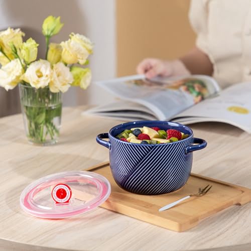 Ceramic Soup Bowl with Lid & Handle, Microwave Safe 32 oz, Navy - color: Navy, size: 1 pcs