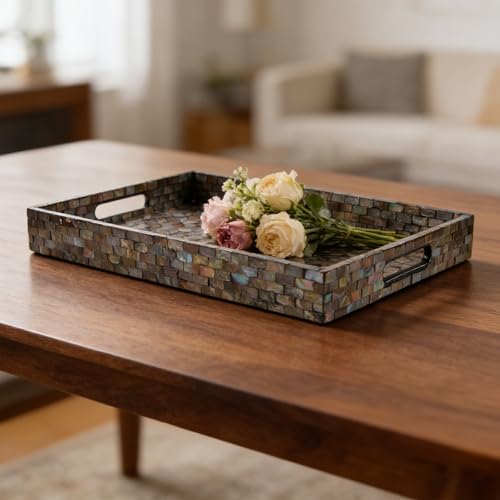 Rectangular Mother of Pearl Serving Tray, Handmade Ottoman Decorative Shell Tray with Handles for Fruit Bread Tea Breakfast Coffee Table Party Home Decor (Dazzling Mosaic) - color: Dazzling Mosaic