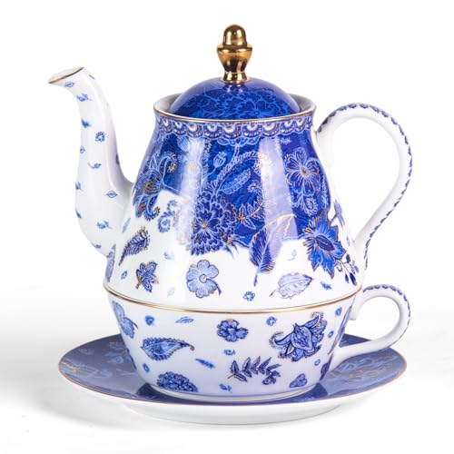 KAMMAK Tea for One Set, Ceramic Teapot, Bone China Tea Set, Cup and Saucer - color: Navy Blue-XY5