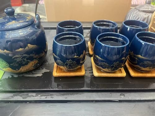 Gift Set Japanese Tea Set, Asian Black Glazed Ceramic Tea Set - Contains 1 Teapot, 1 Tea Strainer and 6 Teacups. Ideal for Home, Outdoor, Office (Blue1) - color: Blue1