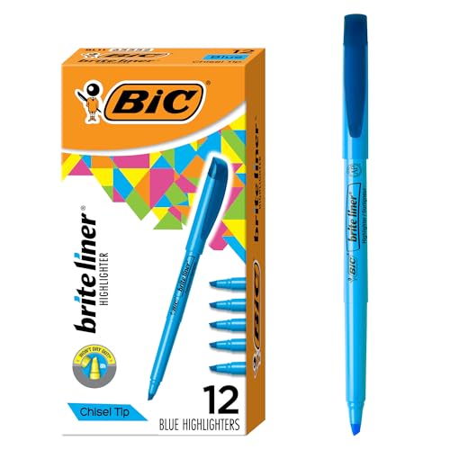 BIC Brite Liner Highlighters, Chisel Tip, 12-Count Pack of Blue Highlighters, Ideal Highlighter Set for Organizing and Coloring - color: Blue, size: 12 Count (Pack of 1)