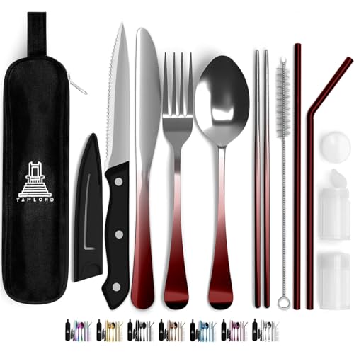 Travel Utensils With Case, 10 Pcs portable silverware set (Red Two Tone) - color: Gradient Red, size: 10 Pieces