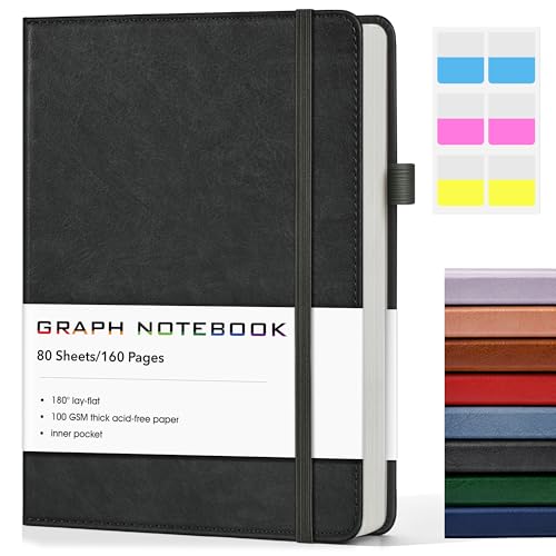 A5 Leather Hardcover Graph Paper Notebook, 160 Pages (5 Squares/Inch), 180° Lay-Flat Binding, 100 GSM Thick Paper, for Math, Engineering, Students & Technical Work (Black) - color: Black, size: Grid