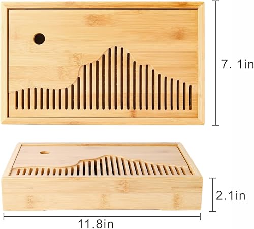 Bamboo Tea Tray & Table Set - Chinese Gongfu Tea Serving Tray with Tea Brush, Compact & Portable (11.8 Inch) - color: primary colours