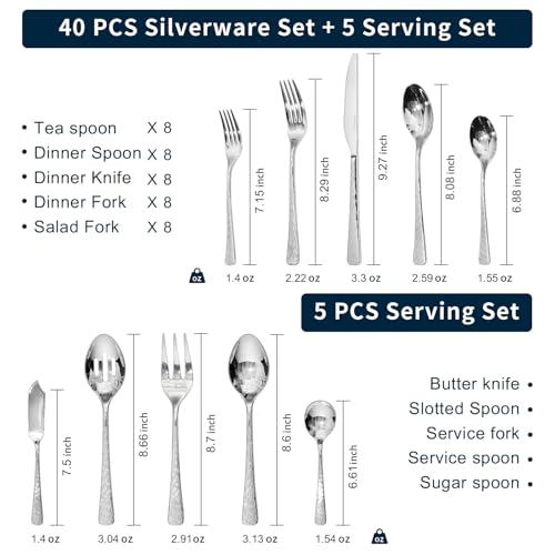 Silverware Set with Serving Utensils, 45 Piece Flatware Set, 18/10 Steel - color: Silver, size: 45-Piece