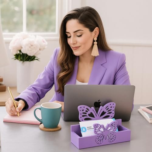 Weysat 2 Pcs Purple Butterfly Business Card Holders for Desk - color: Purple, style: Butterfly
