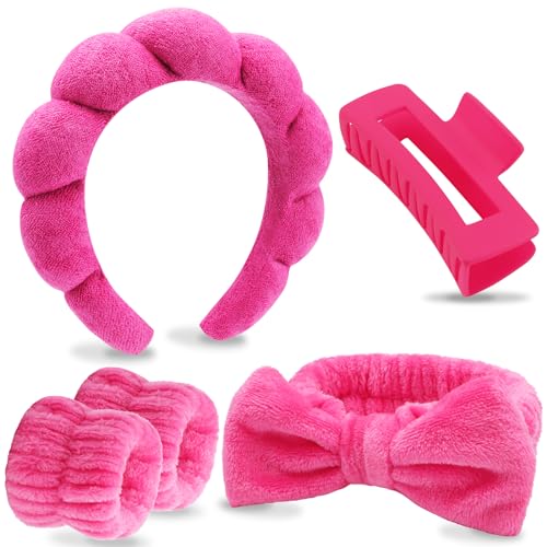 VELSCRUN Spa Headbands for Wash Face, Makeup Headband, Facial Skincare Headbands, 5 Pcs Hot Pink Puffy Sponge Spa Headband Bow Tie Hair Band Hair Clips Wristband Set Women Girls Accessories - color: Rose Red