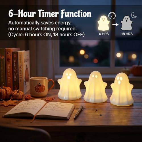 Ceramic Ghost Decor, Light Up Ghost Figurines for Halloween Decorations - color: Glossy White