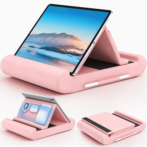 Tablet Pillow Stand, Foldable Tablet Holder for Lap, Bed, Soft Pillow Pad - color: Pink