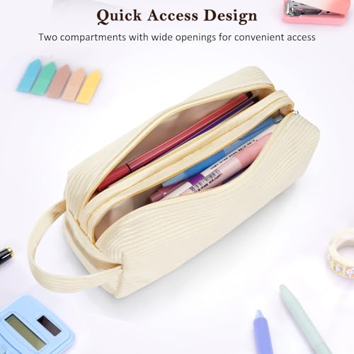 FINPAC Pencil Case, Corduroy Makeup Bag for Women, Kawaii Pen Pouch Holder, Large Storage Box Organizer for Study, Office, or Travel (Beige) - color: Beige