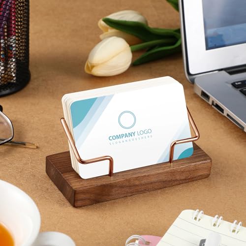 Amyhill 2 Pieces Wood Business Card Holder for Desk,Walnut Color, Rose Gold - color: Walnut Color, Rose Gold