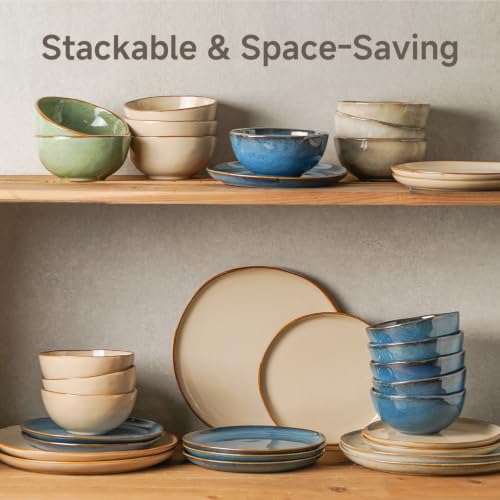 Stoneware Dinnerware Sets for 4, Reactive Glaze Plates and Bowls, Green - color: Green, size: Service for 4-12Pcs