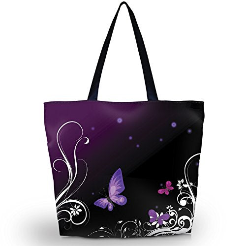 Beach Tote Bags Travel Shopping Bag With Zippered for Women - color: Purple Butterfly