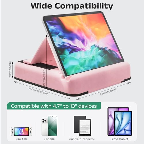 Tablet Pillow Stand, Multi-Angle Foldable iPad Holder for Bed, Sofa, Desk, Lap, Soft Pad Dock with Storage Pocket & Stylus Mount, for 4.7-13" Devices iPad,iPhone,E-Reader,Books (Pink) - color: Pink