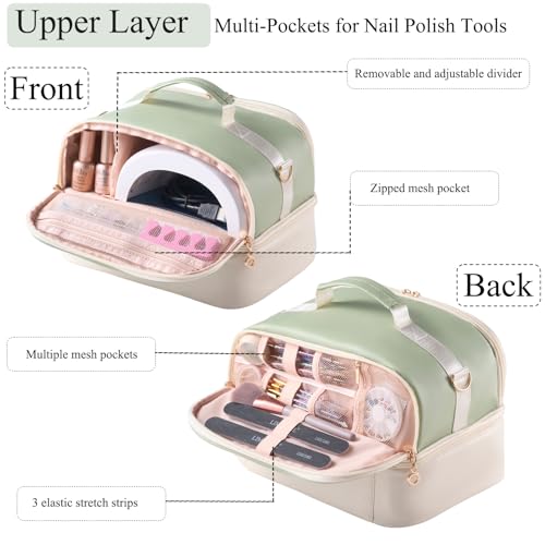 Nail Polish Organizer Holds 35 Bottles & Nail Lamp, Nail Organizers and Storage, Double Layer Nail Bag with Handle & Shoulder Strap for Travel, Nail Supplies Organizer for Manicure Kit (Green+Beige) - color: Green+Beige (35Bottles）