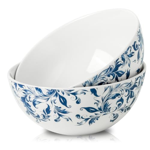 Blue Serving Bowls Set of 2, 42 oz Large Soup Bowl, Ceramic Pho Bowls for Cereal Salad Ramen Pasta Fruit, Blue and White bowls for Entertaining, Microwave Dishwasher Safe, Vintage - color: white 3