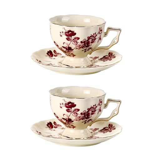 KAMMAK Tea Cups and Saucers Set of 2, 7 oz Porcelain Coffee Cups, 562N - size: 7KPSP562N