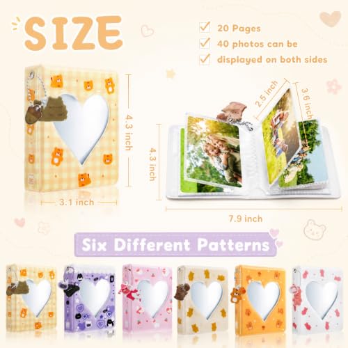 Nicunom 6 Pack Mini Photocard Album Binder, 3 Inch Mini Photo Album Kpop Photo Card Holder Book with Pendant, Heart Hollow Photocard Binder for Collecting, 40 Pockets