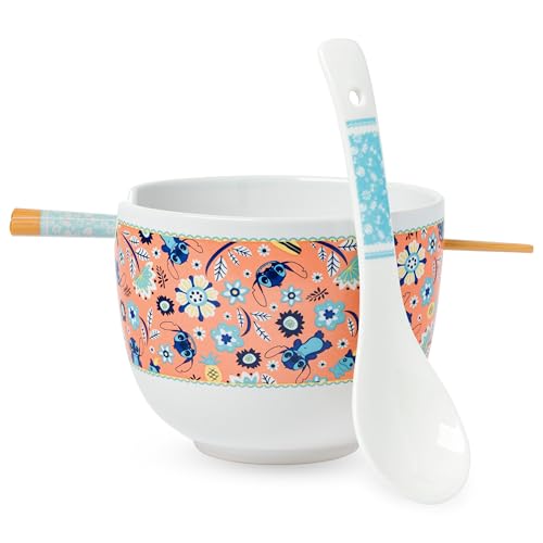 Silver Buffalo Lilo and Stitch Leaf, Ramen Bowl with Chopsticks, 20oz - color: Lilo and Stitch Flower and Leaves Pattern Spoon, size: 20 Ounces (With Spoon)