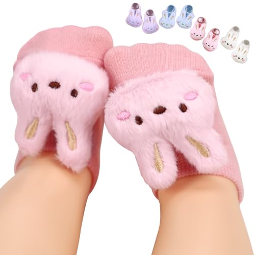 4 Pairs Baby Girl Socks with Non-Slip Grips,Cute Rabbit Low Cut Ankle Socks for Newborn Toddler Infants 0-6 Months - color: Blue Pink Purple White